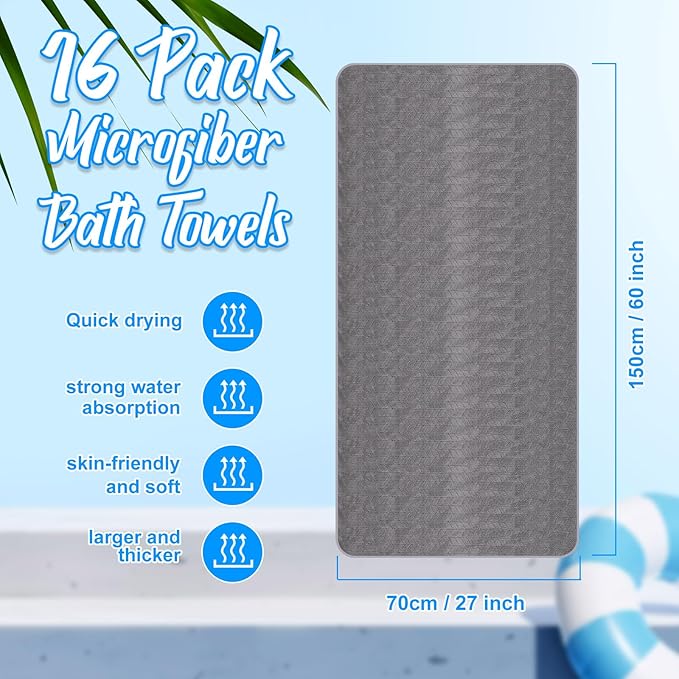 SmoothNovelty 16 Pack Microfiber Bath Towels Bulk 27'' x 60'' Oversized Size Bath Towel Highly Absorbent Extra Large Soft Drying for Beach Shower Summer Salon Sport Gym Party (Wheat,Gray) - Image 2