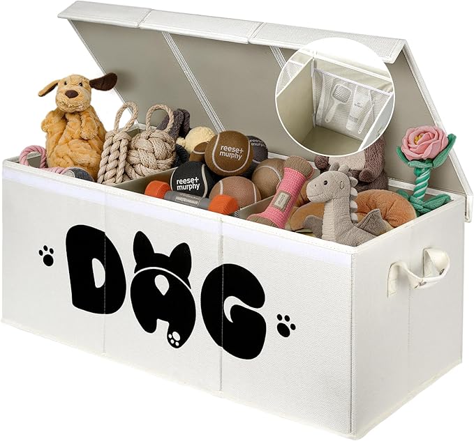 Dog Toy Basket with Lid, 3 Compartments Dog Basket for Toys, Dog Toy Box with 2 Removable Dividers, Collapsible Storage Bins for Dog Toys, Dog Storage Organizer, Beige by GreenPetopia
