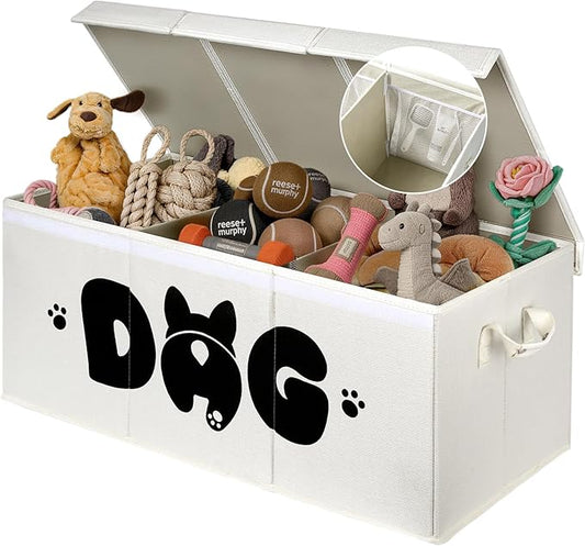 Dog Toy Basket with Lid, 3 Compartments Dog Basket for Toys, Dog Toy Box with 2 Removable Dividers, Collapsible Storage Bins for Dog Toys, Dog Storage Organizer, Beige by GreenPetopia
