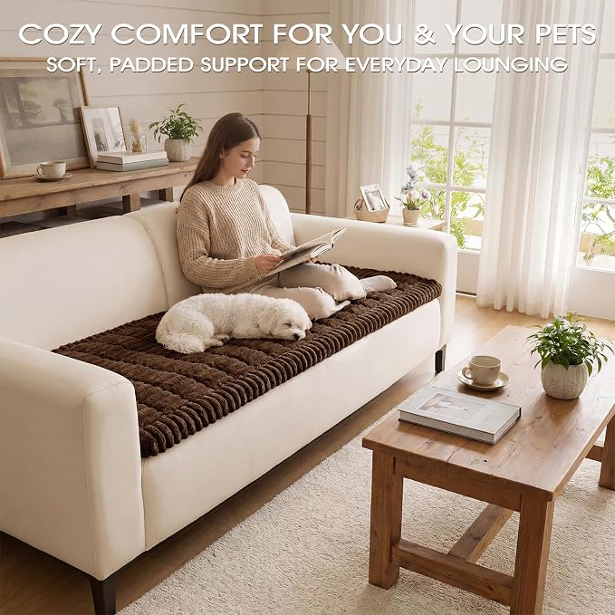 Non-Slip Washable Couch Cover for Dogs, Soft Thick Ribbed Flannel | 27.6"x59", Brown, 0.8" Thick, Rubber Dot Backing, Pet-Friendly Protector for Sofa, Floor, Window Bench, Car Seat or Camping - Image 2