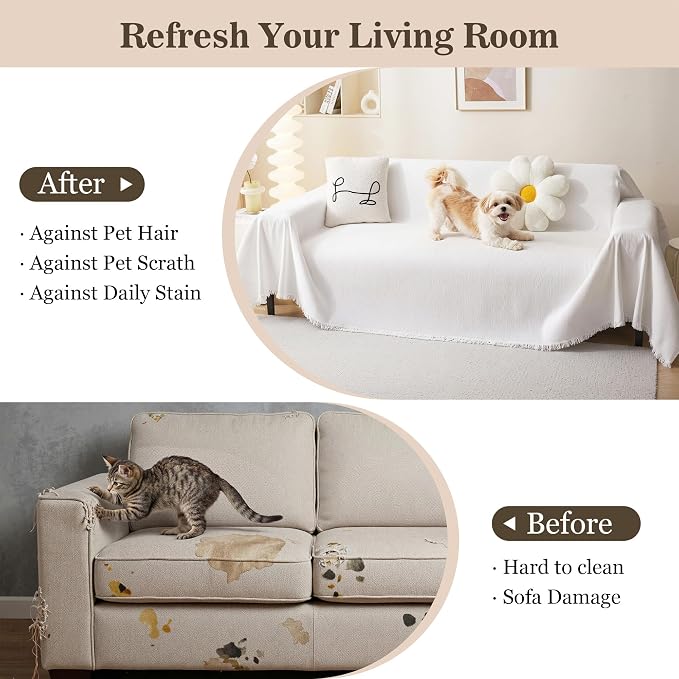 MEETSKY Couch Cover for 3 Cushion Couch Sofa Furniture Protector Sofa Covers Chenille Sectional Couch Covers for Pets Oversized Couch Cover Recliner Sofa Love Seat Covers, 91" x 118", White - Image 4