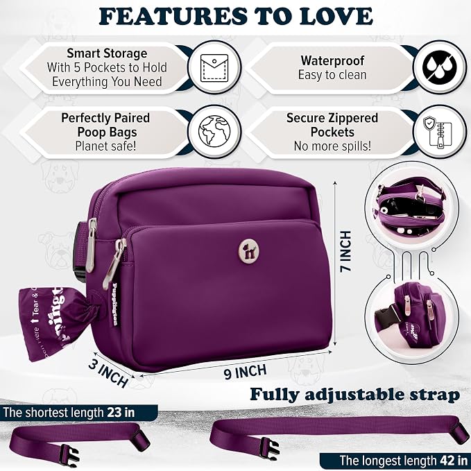 Puppington 3-in-1 Crossbody Dog Walking Bag & Treat Pouch with Matching Planet Safe Poop Bags & Built-In Dispenser - Dog Mom Gift for Puppy Training with Zippered Pockets (Plum Wine) - Image 6