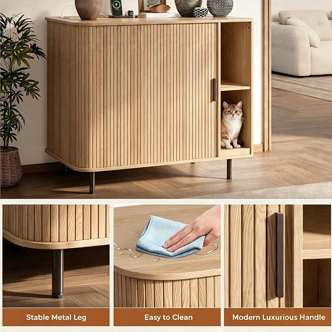 Cat Litter Box Enclosure, 31.8" Kitty Hidden Litter Box Furniture with Scratch Pad, Modern Indoor Cat House, Sliding Door, Adjustable Shelf for Dog Proof, Natural - Image 4