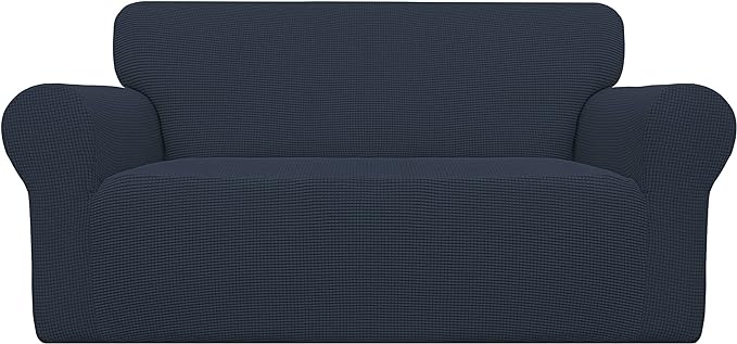 Easy-Going Stretch Loveseat Couch Covers Washable Dark Blue | 1-Piece Loveseat Covers for 2 Cushion Couch Furniture Protector RV Sofa Slipcover Soft with Bottom for Kids Pets by Easy-Going