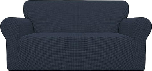 Easy-Going Stretch Loveseat Couch Covers Washable Dark Blue | 1-Piece Loveseat Covers for 2 Cushion Couch Furniture Protector RV Sofa Slipcover Soft with Bottom for Kids Pets by Easy-Going