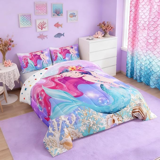 Cute Mermaid Bedding Set,Beautiful Mermaid Fairy Tale Comforter,Kids Girls Women Bedding Decor,Dreaming Undersea World Duvet Insert Queen Size 3 Pieces by Manfei