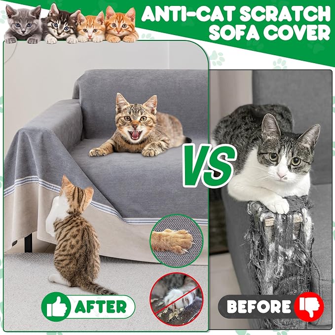 Cat Scratch Furniture Protector - Anti-Slip, Waterproof Sofa Cover to Keep Cats Off, Pet-Friendly Couch Protectors for 3 Cushion Couch, Anti-Scratch Couch Cover for Pets and Kids 134"X91"Dark Gray - Image 2