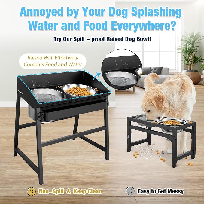 Bobbie & Laxi 15" Tilted Elevated Dog Bowl, Spill-Proof with Plastic Guard | For large dogs; raised stand with smooth plastic edge, 2 stainless steel bowls; 10° tilted stand keeps floors mess-free - Image 3