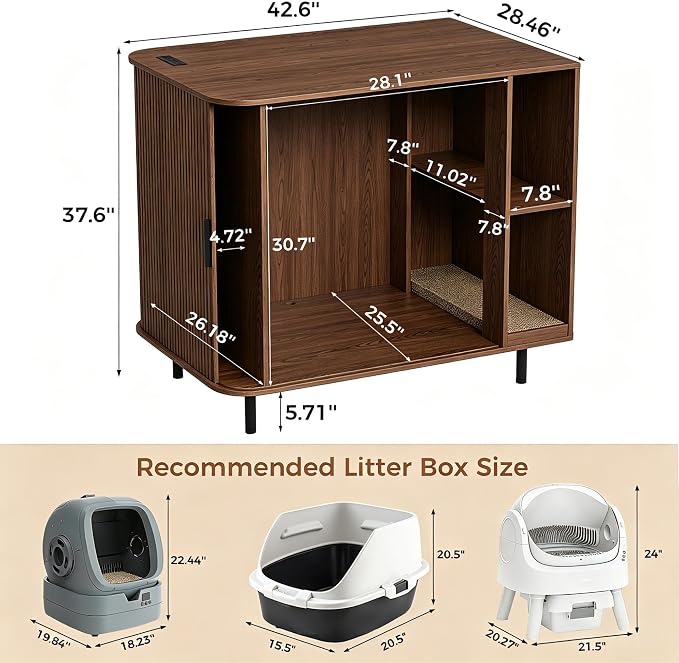 Large Cat Litter Box Enclosure with Scratch Pad, 42.6'' Hidden Litter Box Furniture for Automatic self-Cleaning Litter Boxes, Sliding Door, Adjustable Shelf for Dog Proof, Charging Station, Walnut - Image 2