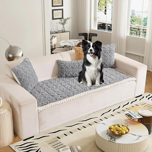 HANDONTIME Dog Couch Cover Jacquard Geometric Sofa Covers Washable Funny Fuzzy Couch Cushion Cover Non-Slip Plush Pet Protector Furniture Covers Durable Comfortable Slipcover (Grey, 27.6" x 59.1") by HANDONTIME