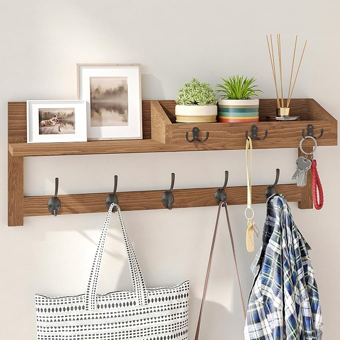 AMBIRD Wall Hooks with Shelf, 26.57 Inch Entryway Wood Coat Hooks for Wall with Shelf, Coat Rack Wall Mount with 5 Dual Hooks 3 Key Hooks Mail Organizer and Key Rack Holder (Brown) by AMBIRD