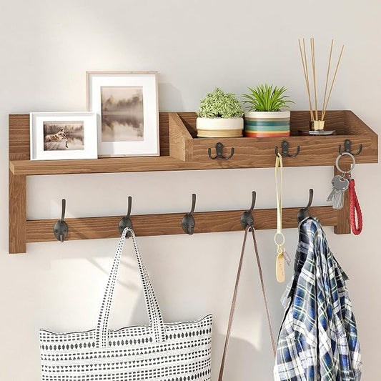 AMBIRD Wall Hooks with Shelf, 26.57 Inch Entryway Wood Coat Hooks for Wall with Shelf, Coat Rack Wall Mount with 5 Dual Hooks 3 Key Hooks Mail Organizer and Key Rack Holder (Brown) by AMBIRD
