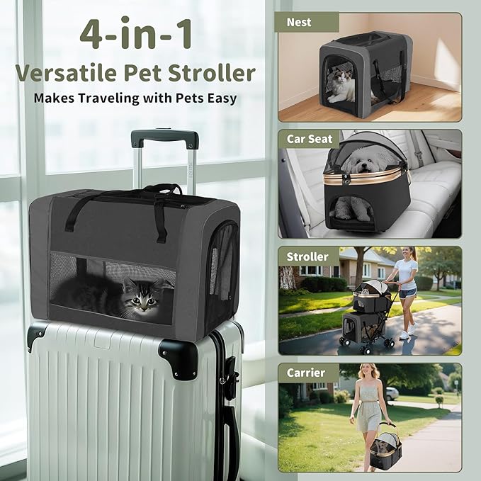 Double Pet Stroller for Dogs and Cats: Dog Stroller Foldable Travel Carriage with Detachable Carriers, Safety Belts, and 4 Lockable Wheels for Small to Medium Pets – Ideal for Multi-Pet Homes (Black)