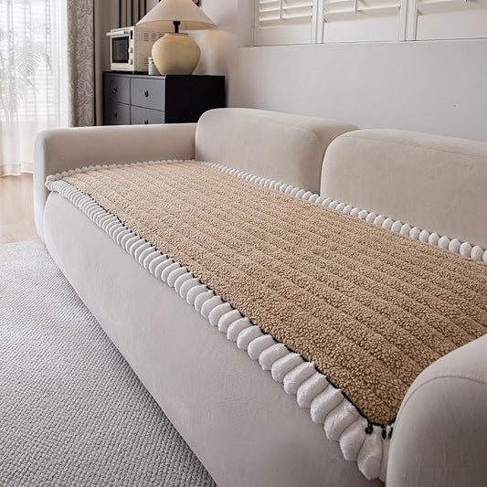 DREAMINGO Non Slip Couch Cover for Dogs Fuzzy Pet Sofa Covers Washable Thick Plush Sofa Slipcover Striped Texture Khaki Cushion Protector Dog Cat Bed Mat 27.6x70.9 Inch by DREAMINGO