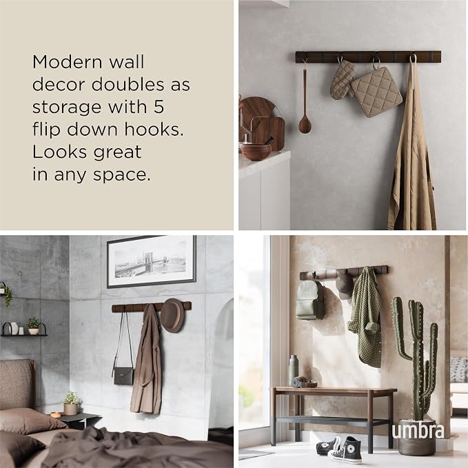Umbra Flip Coat Rack, Wall Mount 8-Hook, Space Saving, Walnut/Black | Real wood and steel build, retractable hooks fold flat, holds coats bags and scarves, easy install - Image 4