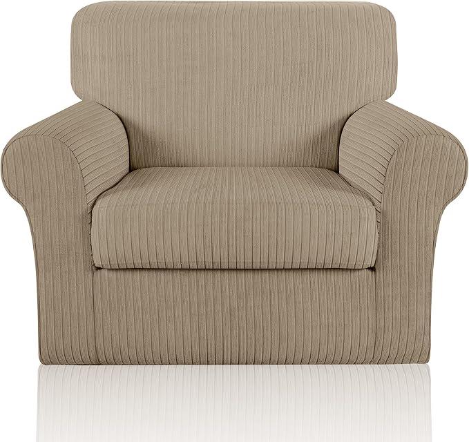 Armchair Cover Stretching Skid Resistance Couch Cover for Pets Washable, Thick and Durable Soft High Spandex Striped Pattern Sofa Covers, Form Fitted Chair Slipcover(Armchair, Khaki) by ChengEase