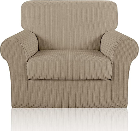 Armchair Cover Stretching Skid Resistance Couch Cover for Pets Washable, Thick and Durable Soft High Spandex Striped Pattern Sofa Covers, Form Fitted Chair Slipcover(Armchair, Khaki) by ChengEase