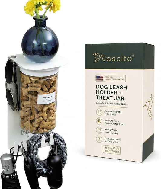 Dog Leash Holder for Wall with Shelf — Wall Mounted Dog Treat Holder & Station, 1 Large Airtight 32oz Treat Container, 6 Hooks, Patented Lidless Slide-to-Seal Jar, Solid Steel, Made in USA by Vascito