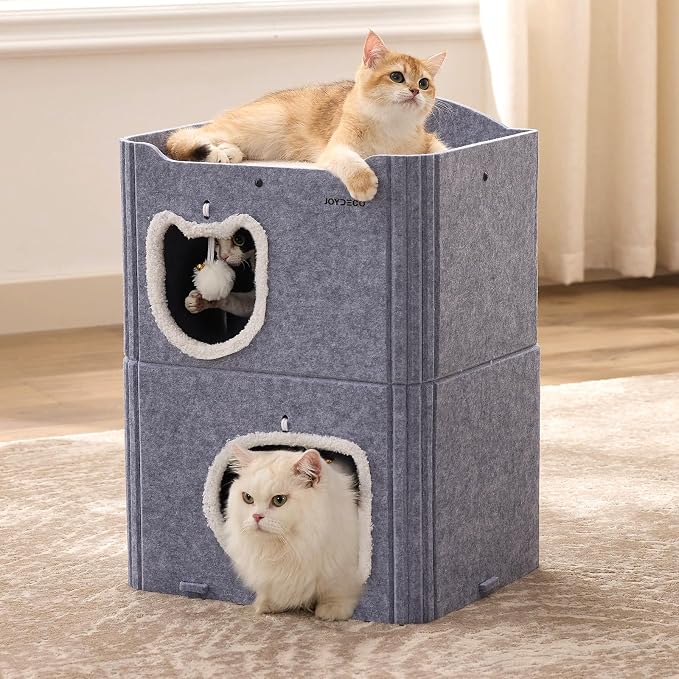 Joydeco Cat House for Indoor Cats, 2 Story Scratch Resistant Felt Cat Condo, Hideaway Pet Cave Bed with Fluffy Ball and Tunnel for Kitten, Small Dogs, Rabbits, 17.7 x 13.3 x 24, Grey by JOYDECO