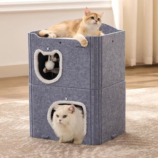 Joydeco Cat House for Indoor Cats, 2 Story Scratch Resistant Felt Cat Condo, Hideaway Pet Cave Bed with Fluffy Ball and Tunnel for Kitten, Small Dogs, Rabbits, 17.7 x 13.3 x 24, Grey by JOYDECO