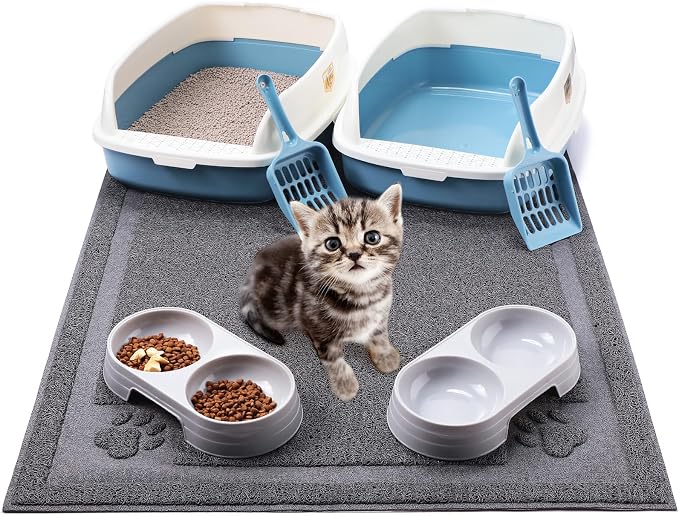 Sliner 7 Pcs Kitten Litter Box Starter Kit, 2 Plastic Small Kitty Litter Box Training Low Entry with Scoop, 2 Double Cat Bowl and Mat for Kitten Indoor(Blue) by Sliner