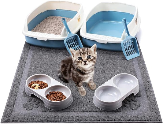 Sliner 7 Pcs Kitten Litter Box Starter Kit, 2 Plastic Small Kitty Litter Box Training Low Entry with Scoop, 2 Double Cat Bowl and Mat for Kitten Indoor(Blue) by Sliner
