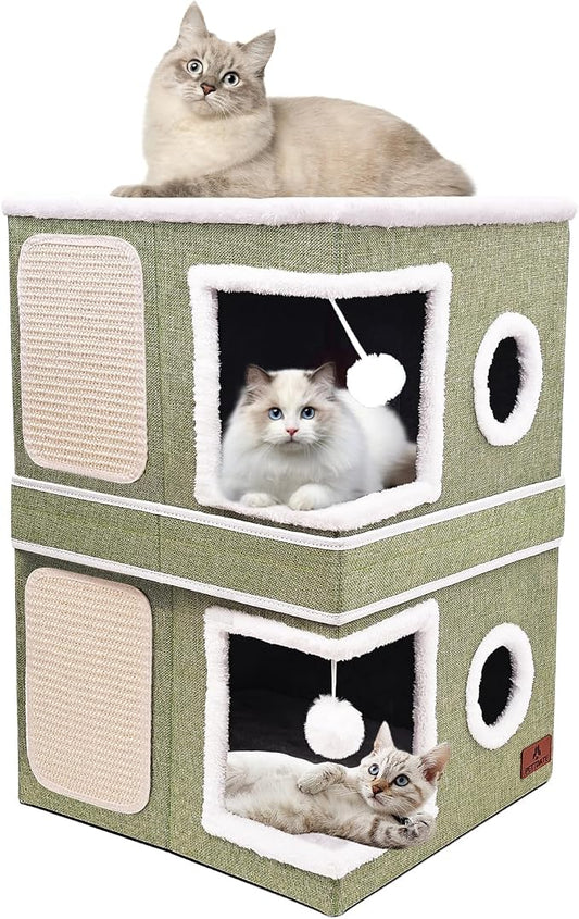 2-Story Cat House for Indoor Cats, Dual-Purpose Cave Bed with Scratch Pad and Fluffy Ball, Foldable Cat Hideaway, Cute Condo Furniture for Multi Small Pet Kitten, Green by Unknown