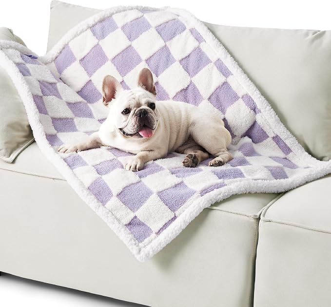 LE SURE Waterproof Dog Blankets for Medium Dogs Cute 3D Jacquard,30x40 | Puppy Blanket for Cat Aesthetic Gift, Warm Soft Sherpa Throw Washable, Reversible Pet Couch Protector, Lavender Checks by Lesure