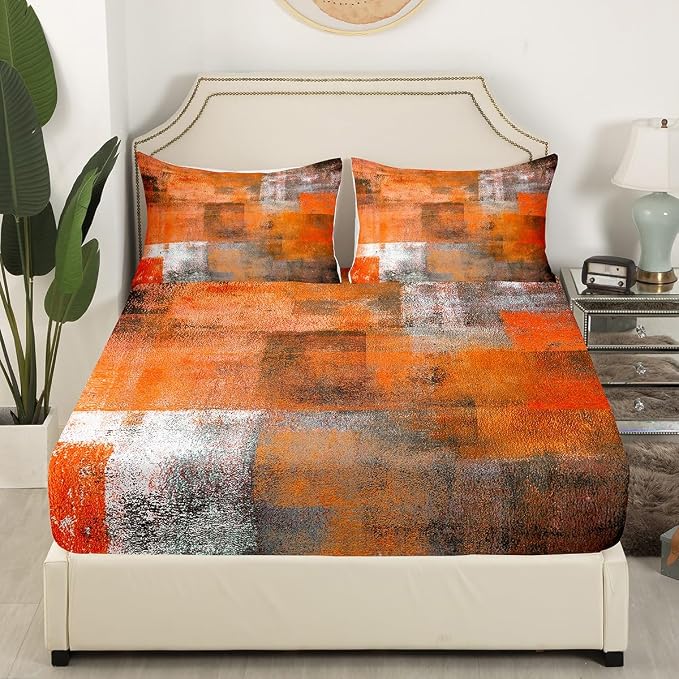 Erosebridal Orange Grey Bed Sheets Set King Size,Watercolor Ombre Sheet Set for Women Men,Oil Painting Sheets,Vintage Minimalism Flat Fitted Sheet with 2 Pillowcases Home Room Decor - Image 3