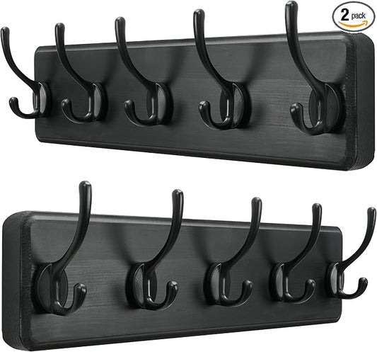 SKOLOO Rustic Wall Mounted Coat Rack, Case of 2, Pine Solid Wood Coat Hook Hanger - 5 Hooks for Hanging Clothes Robes Towels Coats by SKOLOO