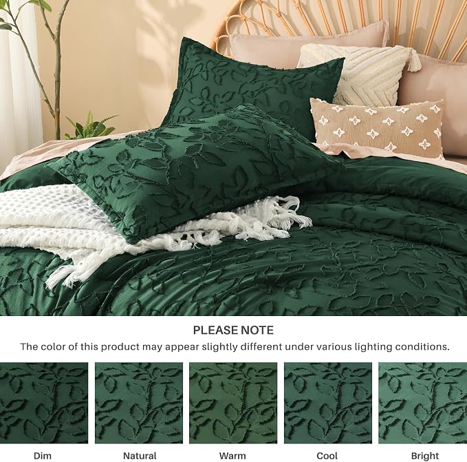 Litanika Queen Size Comforter Set Emerald Green, 3 Piece Dark Green Boho Tufted Bedding, Forest Green Fluffy Farmhouse Bed Set for All Season with 2 Leaf Pattern Pillowcases（90x90In） - Image 6