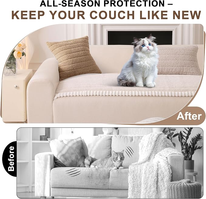 OTOB Couch Covers for Sofa Pet Friendly, Washable & Non Slip Fuzzy Dog Couch Cover Sofa Slipcovers Love Seat, Soft Plush Cozy Furniture Protector Cushion Mat, All Seasons (Beige, 27.6" x 59.1") - Image 2