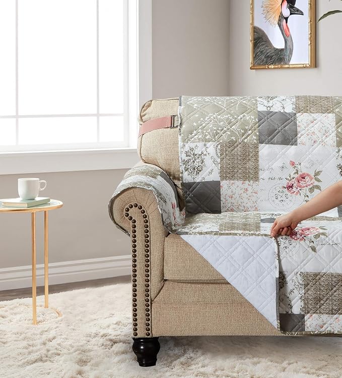 Brilliant Sunshine Pink Rose & Grey Toile Patchwork Couch Cover, 70" seat | Non Slip Sofa Cover, Quilted Furniture Protector, Large Washable Slipcover for Pets, Dogs & Cats - Image 3