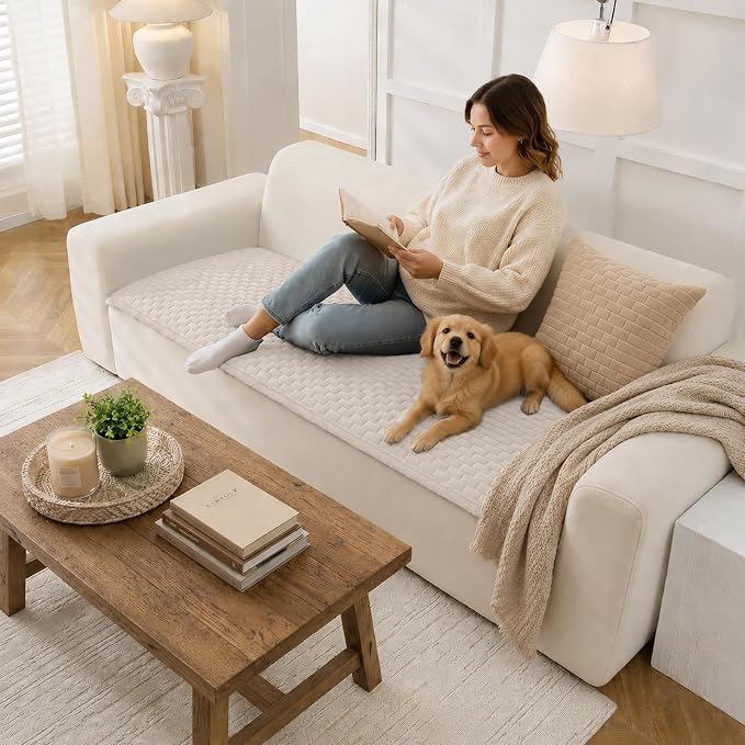 Warmstar Waterproof Couch Cover for Dogs Washable,Brick Pattern Short Plush Pet Couch Covers for Sofa,Soft Sofa Cover Non-Slip for 3 Cushion Couch Sofa Pet Friendly (Off White, 27.6" x 82.7") - Image 2