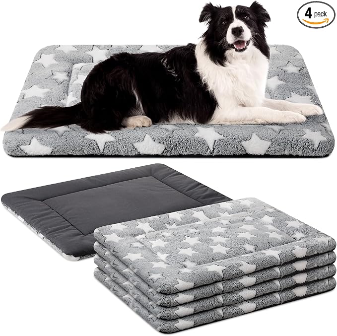 VitalCozy 4 Pcs Dog Crate Pads, Ultra Soft Warm Washable Anti-Slip Kennel Bed Mat for Pets, Reversible, Replaceable, Cage Liner for Small Medium Large Dogs and Cats(30 x 48 x 1.6 Inch,Star,Gray) by VitalCozy