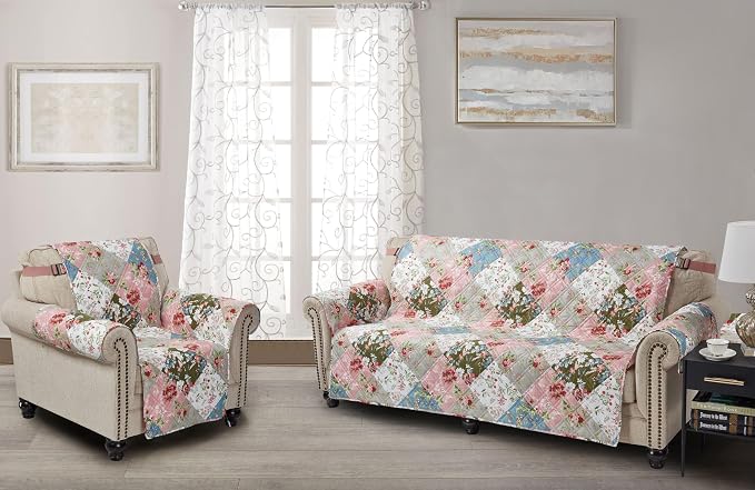 Brilliant Sunshine Peach and Olive Flowers Couch Cover, 78" seat | Patchwork Design, Non Slip Sofa Cover, Quilted Furniture Protector, Extra Large Washable Slipcover for Pets, Dogs & Cats - Image 2