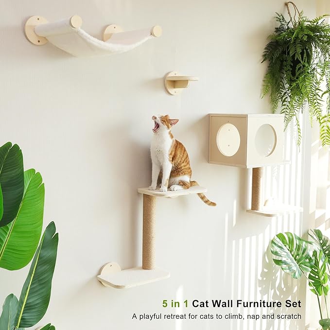 FUKUMARU Cat Wall Shelves, 5 in 1 Set, Beige | Stable Wooden Wall-Mounted Furniture Set, Kitty Climber with Hammock, House, Steps, Scratching Post - Image 3