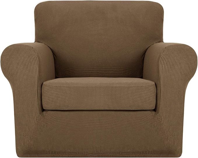 MAXIJIN 2 Piece Chair Slipcovers with Arms Super Stretch Chair Covers for Living Room Dogs Pet Proof Fitted Sofa Couch Protector Spandex Non Slip Armchair Slipcover Washable (Chair, Brown) by MAXIJIN
