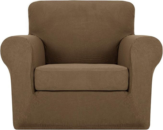 MAXIJIN 2 Piece Chair Slipcovers with Arms Super Stretch Chair Covers for Living Room Dogs Pet Proof Fitted Sofa Couch Protector Spandex Non Slip Armchair Slipcover Washable (Chair, Brown) by MAXIJIN