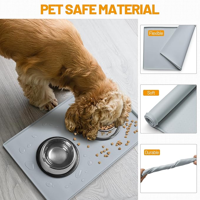 Hubulk Dog Feeding Mat,100% Waterproof Food Grade Silicone Pet Food and Water Bowl Placemat,Dishwasher, High Raised Edge to Prevent Spills,Nonslip Tray to Stop Messes on Floor（28"x18"x0.8", Mist） - Image 5