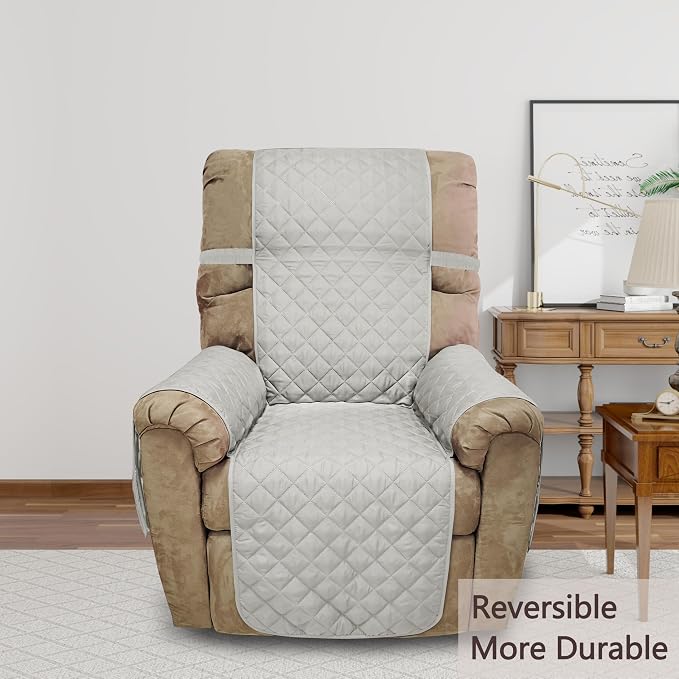 Reversible Chair Covers for Recliner Oversized, Light Grey | Recliner Oversized Covers for Living Room with Elastic Straps, Water Repellent, Chair Protectors Covers for Dogs - Image 2