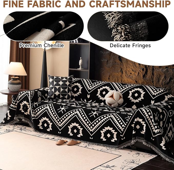 VClife Bohemian Southwestern Pattern Sofa Cover Non Slip Washable Couch Cover - White Black Aztec Geometric Chenille Couch Cover for 3 Cushion Couch Sofa Vintage Slip Cover 71" X 134" - Image 3