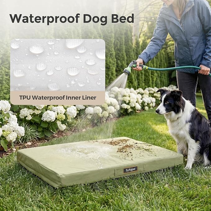 Sytopia 42 Inch Outdoor Waterproof Dog Bed for Extra Large Dogs, Orthopedic Egg Crate Foam Pet Mat with Removable Washable Cover, Durable Crate Mat for Patio, Deck, Camping, Travel, Green - Image 2