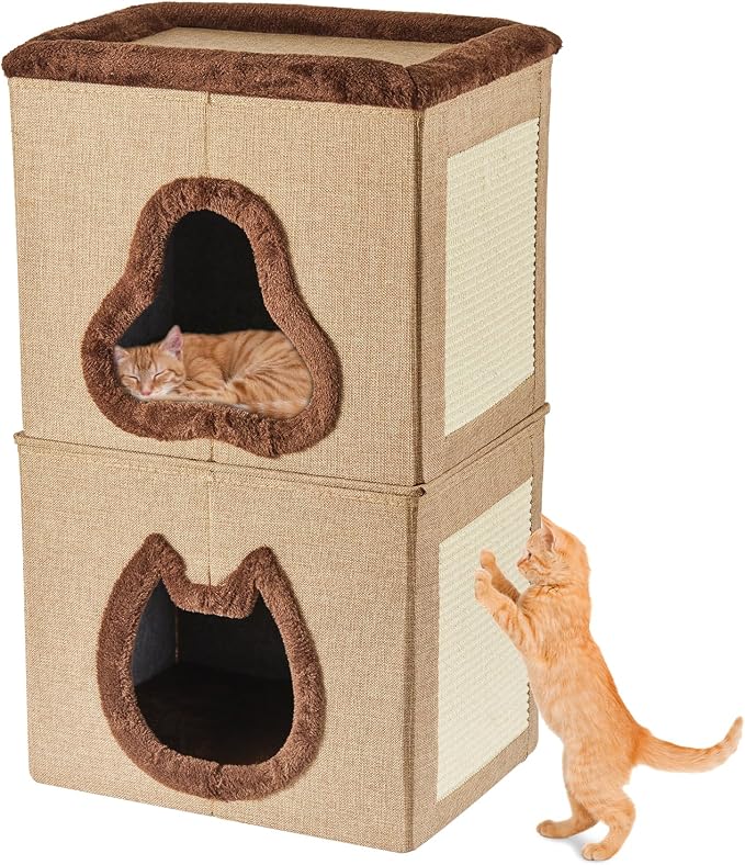 2-Tier Cat House for Indoor Cats Bed, Covered Cat Beds with Hideaway Cave and Scratch Pad, Foldable Modern Cat House for Multi Small Pet Large Kitten Kitty by GUATTINE