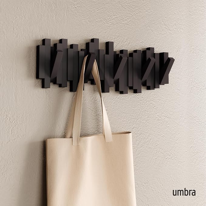 Umbra Sticks Wall Mount Coat Rack, 5 Hook Retractable Pegs, Espresso | Mounting hardware included, sculptural modern design, entryway or bedroom use, recycled plastic - Image 2