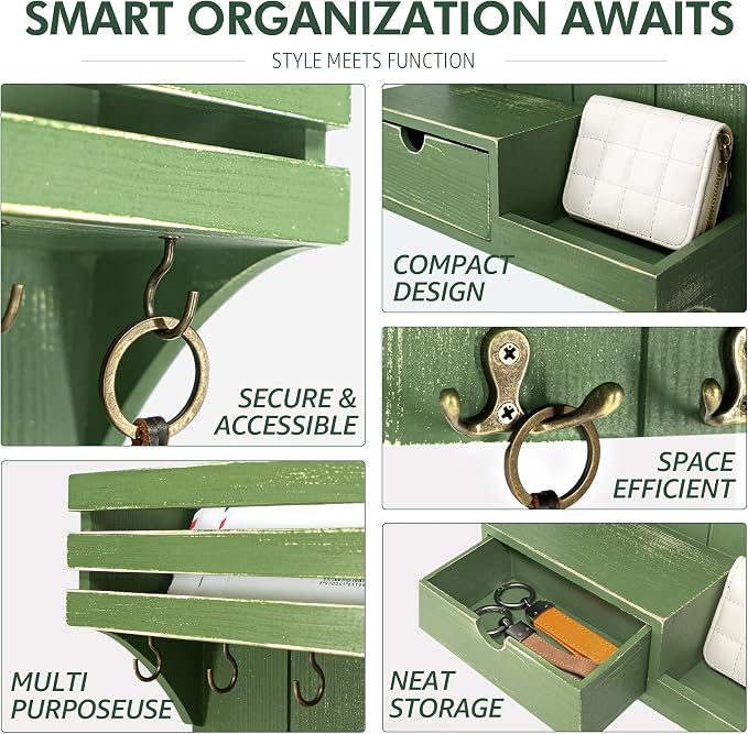 Rebee Vision Key Holder Wall Mount with 9 Key Hooks for Home Decor, Green | Pine Wood, Key Holder for Wall, Floating Shelf, Plant Display, Small Drawer Organizer, Mail Sorter, Entryway, Home Storage - Image 6