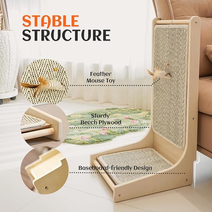 PETKARAY Cat Scratcher, Sisal Cat Scratch Pad, L Shape Scratching Board for Indoor Kitty, Floor Mounted Scratcher with Mouse Toy Catnip - Image 4