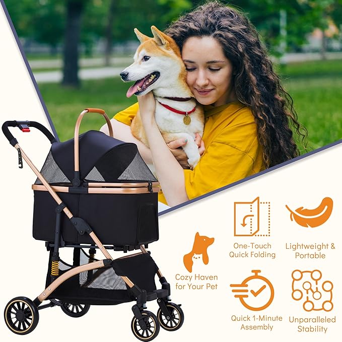 Pet Stroller for Small Dogs, Lightweight Small Dog Stroller for Dogs Cats with 6 Shock Absorption System, Detachable Carrier Suitable for Car Seat & Hand Carry, Safe Outings, Black