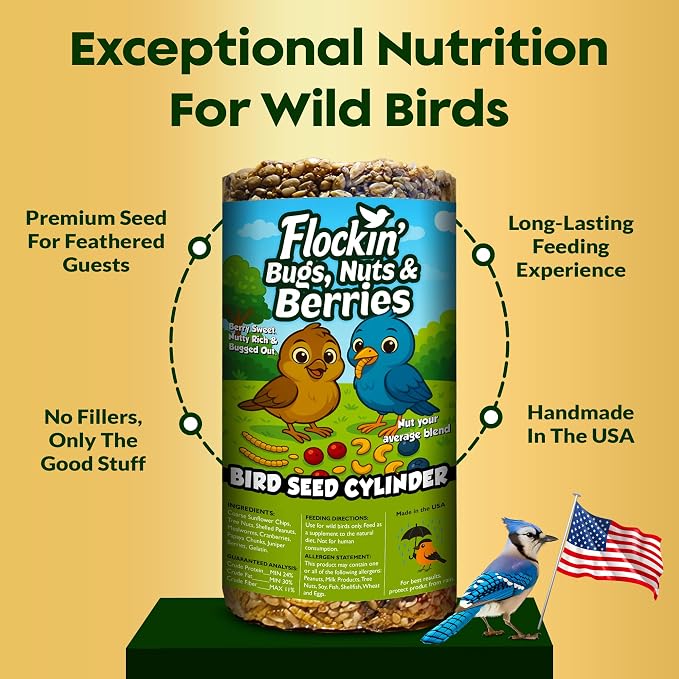 Bugs, Nuts & Berries Bird Seed Cylinders with Hole - USA Made (6" x 7.75") | Mealworms, Nuts & Berries Blend, Protein Rich, Cylinder Bird Seed, No Filler, Attract Wild Birds, Natural Ingredients 3.75lbs - Image 3