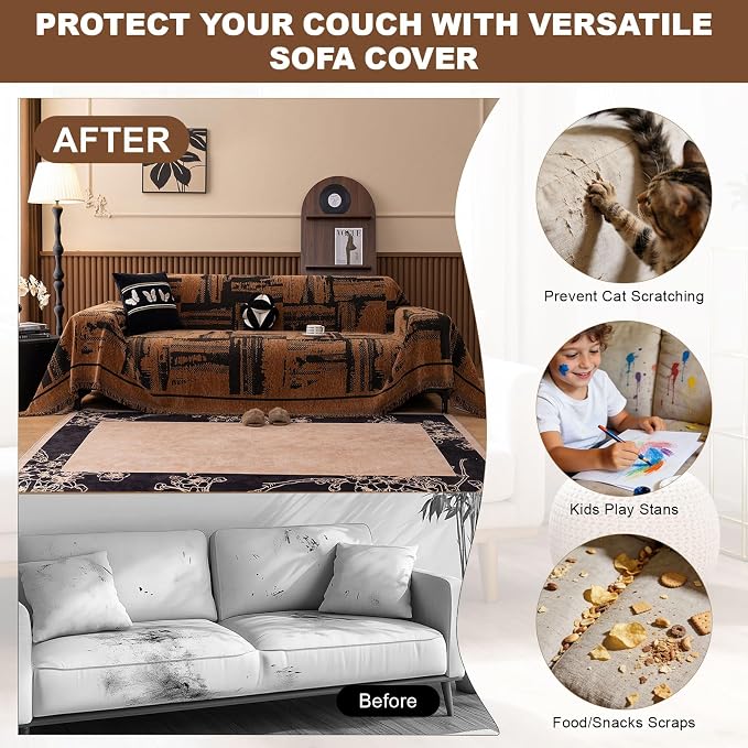 ROOMLIFE Dark Brown Couch Cover 3 Cushion Sofa, Washable Non Slip Furniture Sofa Protector Cover, Soft Chenille Sofa Slipcovers Sectional L Shape Dogs Couch Cover Throw Blanket with Tassels71''X118'' - Image 2